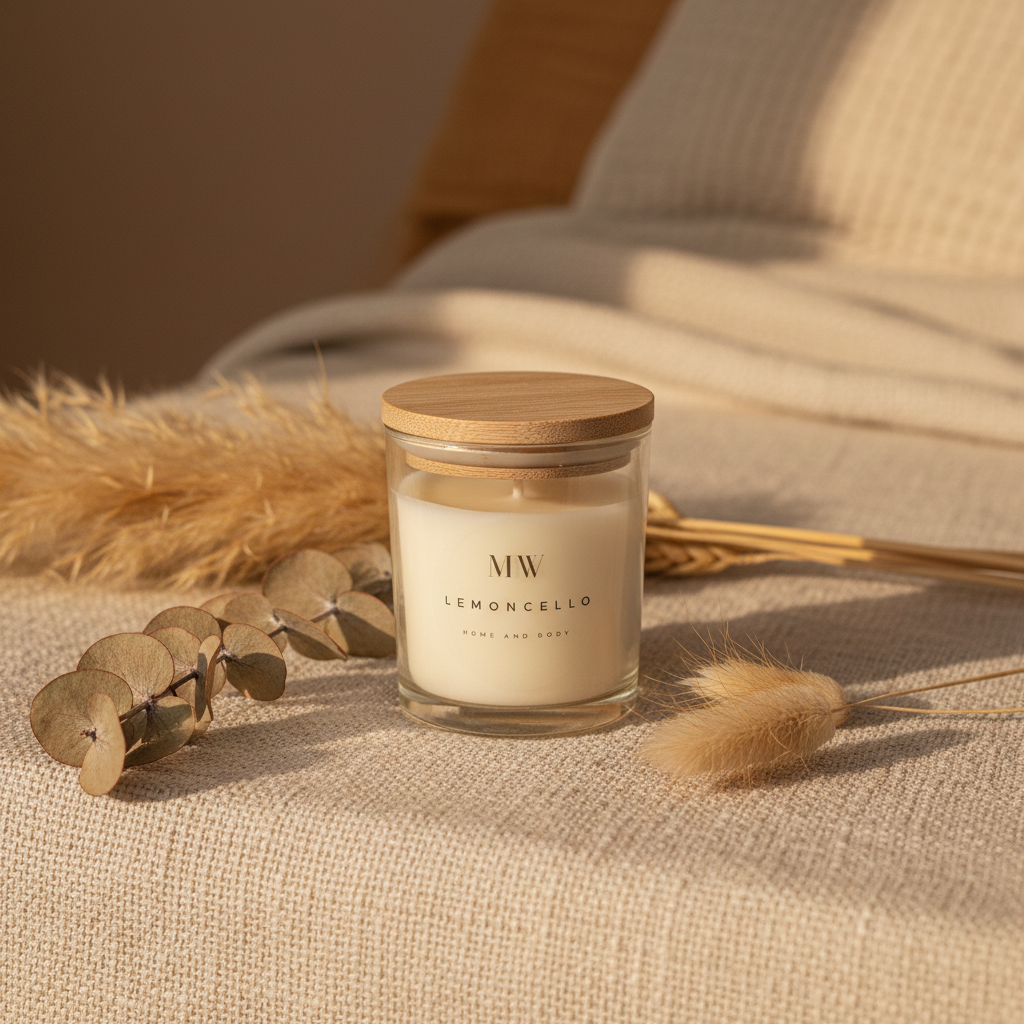 3oz soy candle hero shot on linen with botanicals