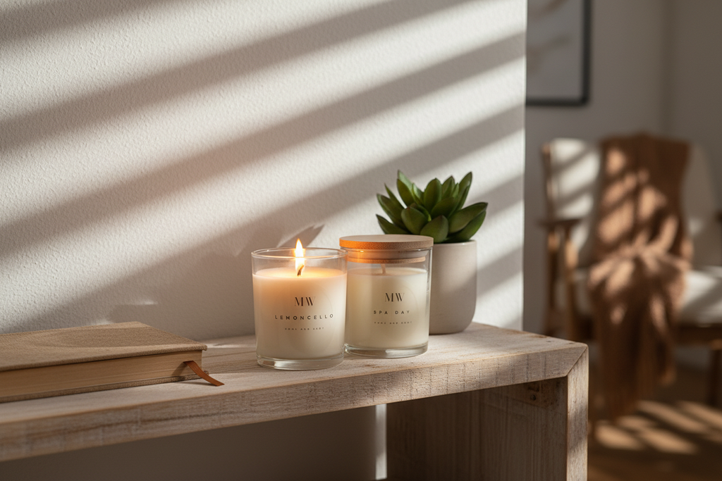3oz soy candle lifestyle shot on wooden shelf
