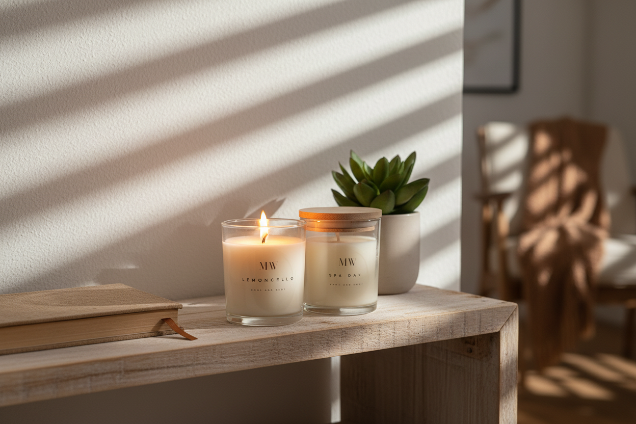 3oz soy candle lifestyle shot on wooden shelf