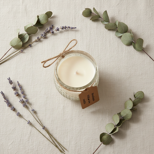 4oz candle bowl flat lay with lavender and eucalyptus