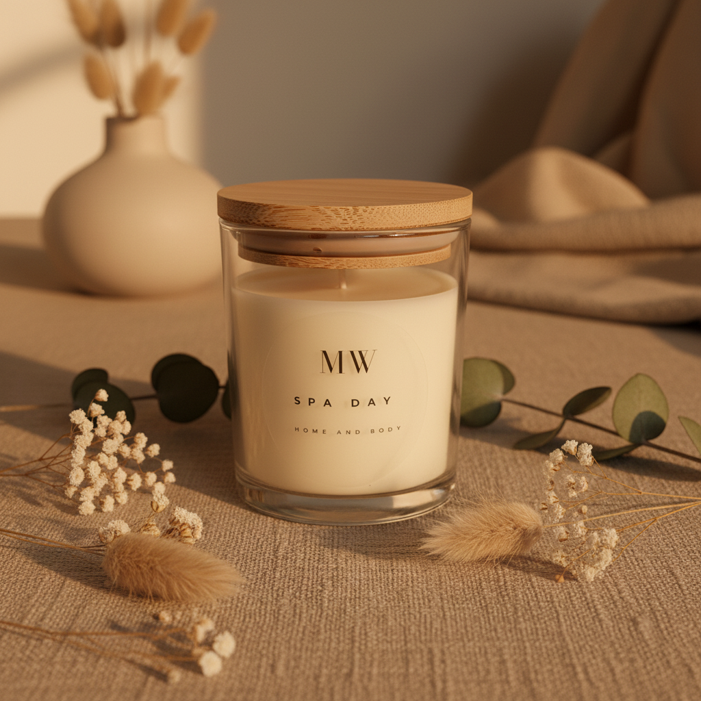 6oz soy candle hero shot on linen with botanicals