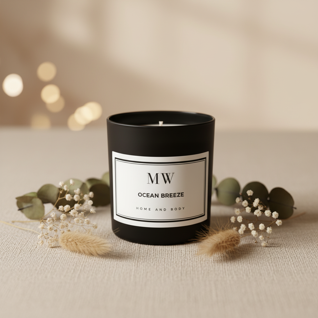 8oz soy candle hero shot on linen with botanicals