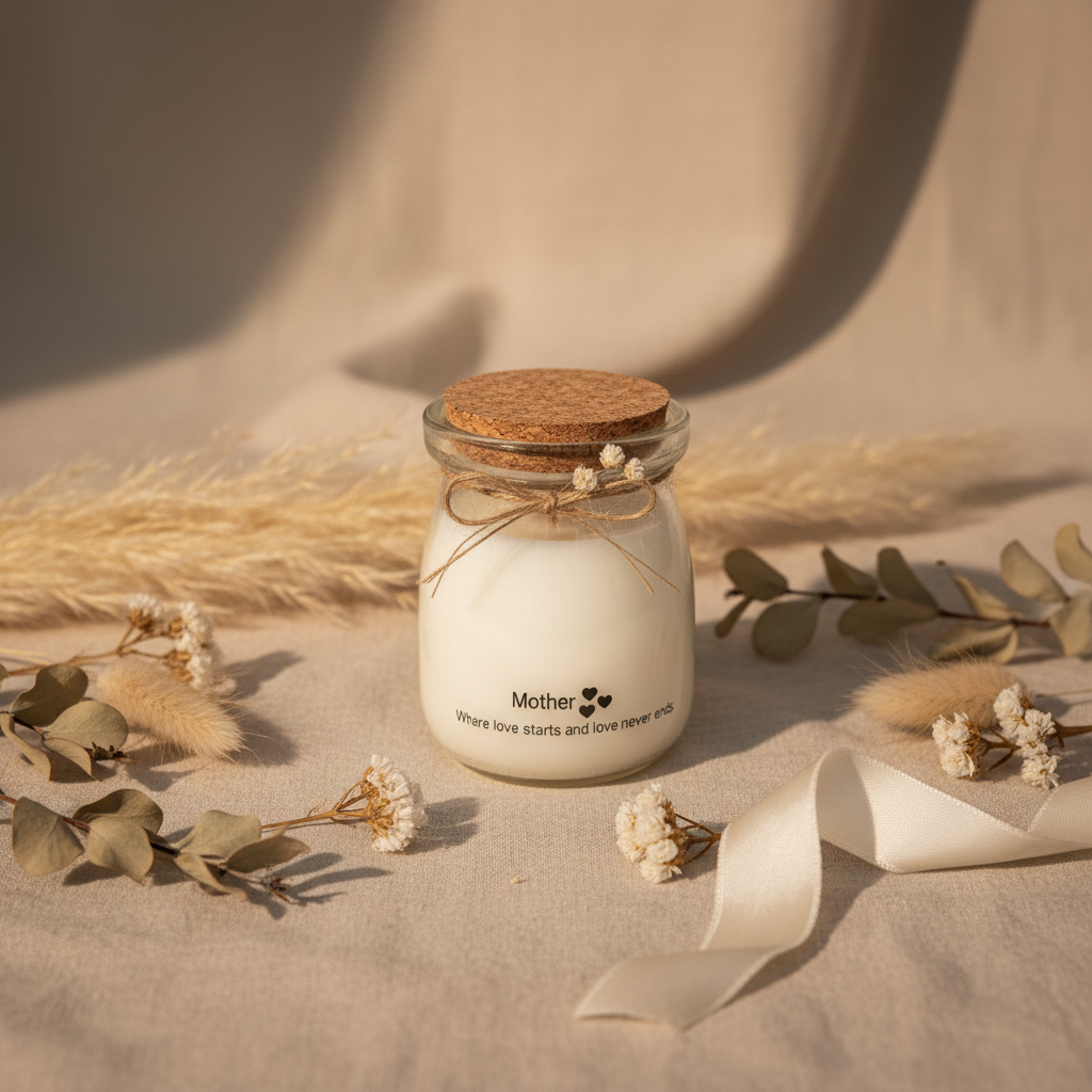 Celebration Keepsake Candle hero shot with botanicals and ribbon