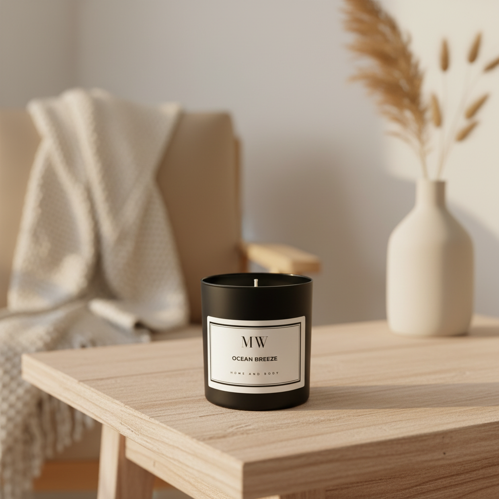 Natural organic soy candle with warm soft lighting and cozy home aesthetic