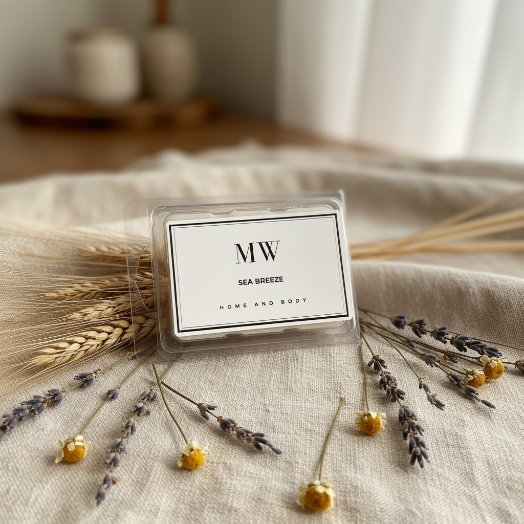 Natural organic soy wax melt hero shot on linen with botanicals